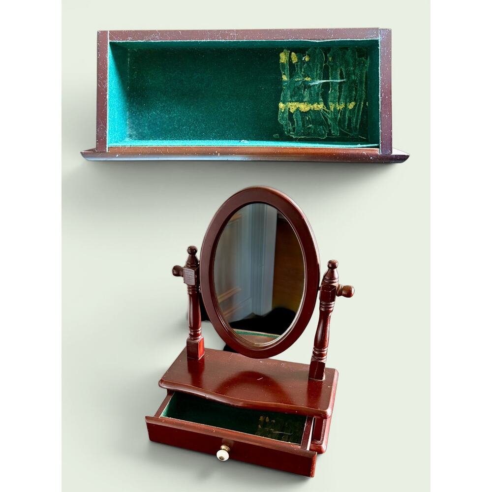 Vintage Style Vanity Mirror w Drawer-Traditional Tabletop-Mahogany Tone-Classic - Picture 6 of 10